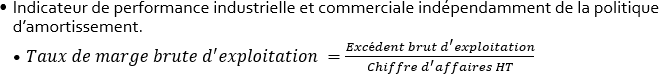 Indicateur de performance industrielle et commerciale indépendamment de la politique d’amortissement. 𝑇𝑎𝑢𝑥 𝑑𝑒 𝑚𝑎𝑟𝑔𝑒 𝑏𝑟𝑢𝑡𝑒  𝑑 ′ 𝑒𝑥𝑝𝑙𝑜𝑖𝑡𝑎𝑡𝑖𝑜𝑛 = 𝐸𝑥𝑐é𝑑𝑒𝑛𝑡 𝑏𝑟𝑢𝑡  𝑑 ′ 𝑒𝑥𝑝𝑙𝑜𝑖𝑡𝑎𝑡𝑖𝑜𝑛 𝐶ℎ𝑖𝑓𝑓𝑟𝑒  𝑑 ′ 𝑎𝑓𝑓𝑎𝑖𝑟𝑒𝑠 𝐻𝑇 